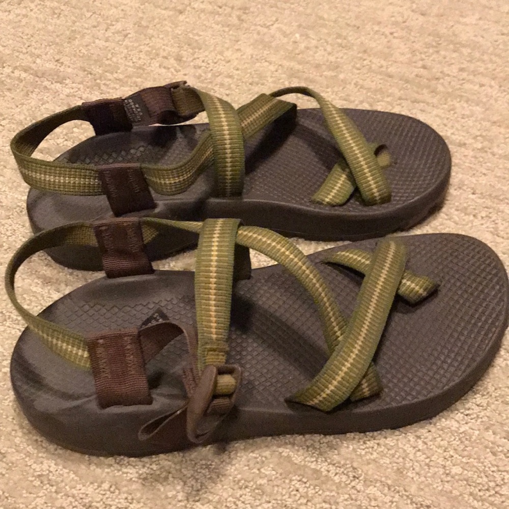 Men’s green and brown Chaco sandals with toe strap